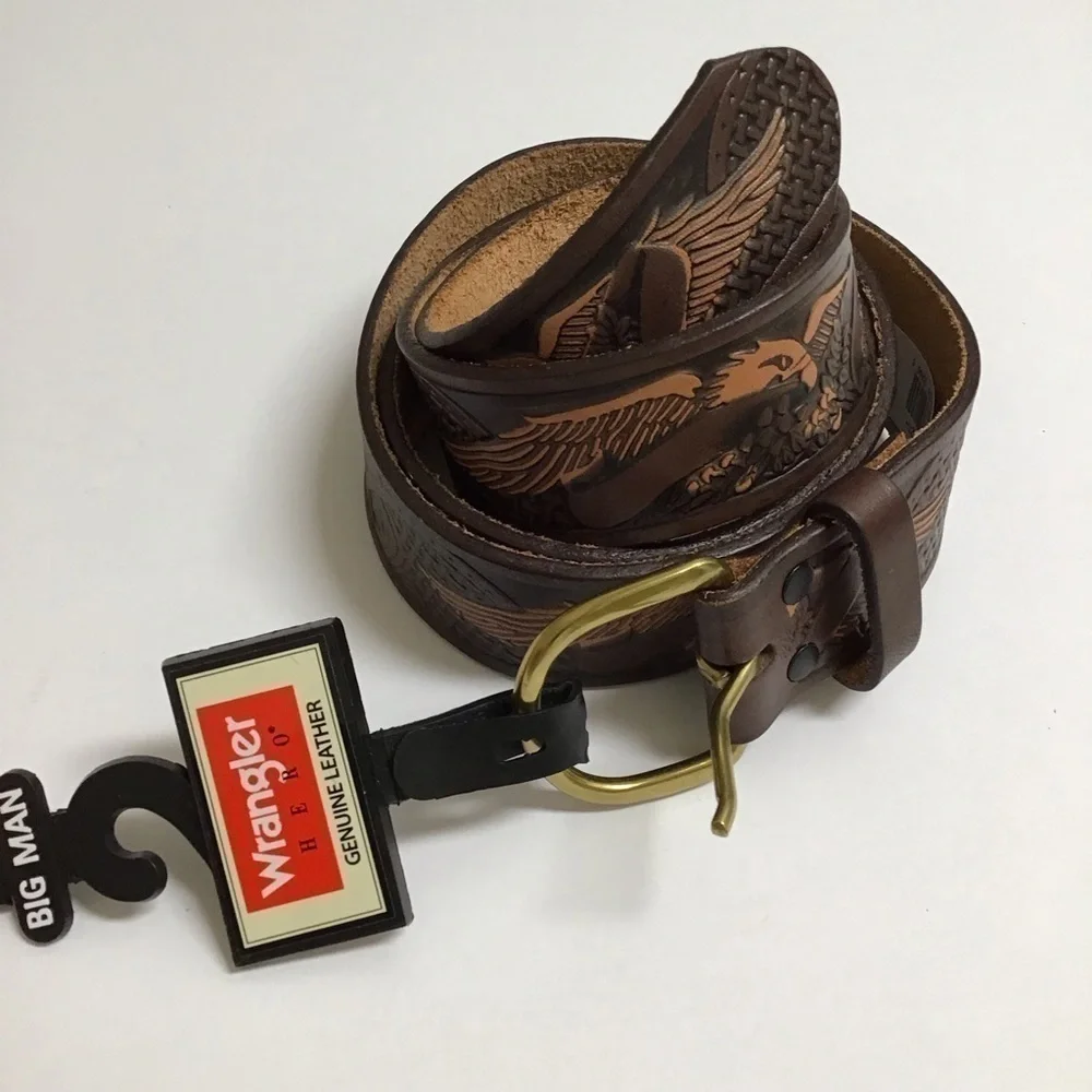 Wrangler EAGLE Leather Belt SZ 46 Western Men Embossed 100% Brown Tan Rodeo NEW
